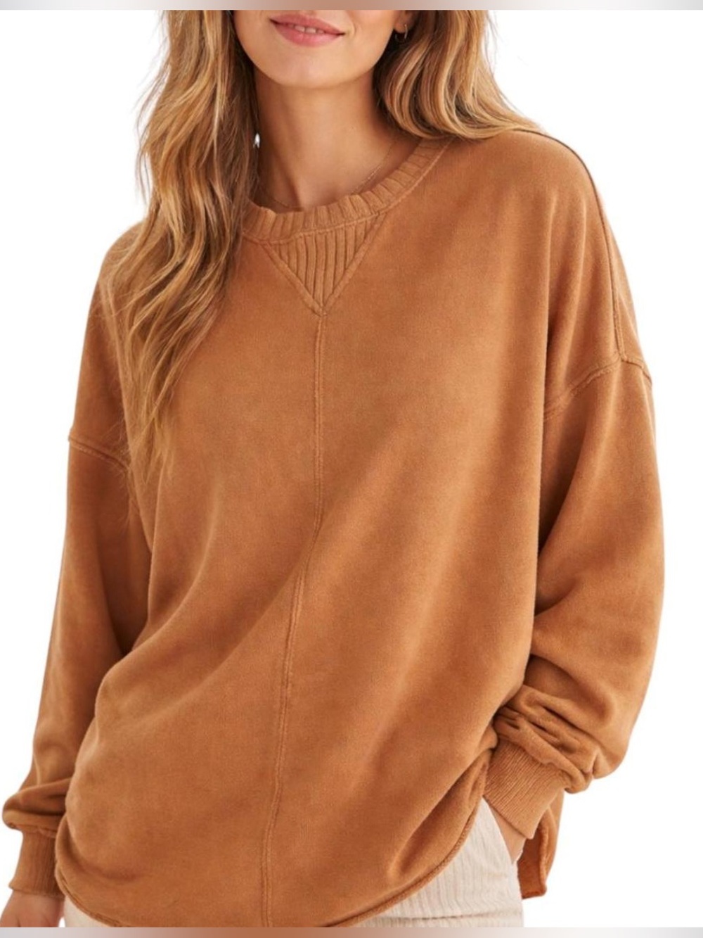 Aerie Oversized Camel Distressed Sweatshirt Size Small